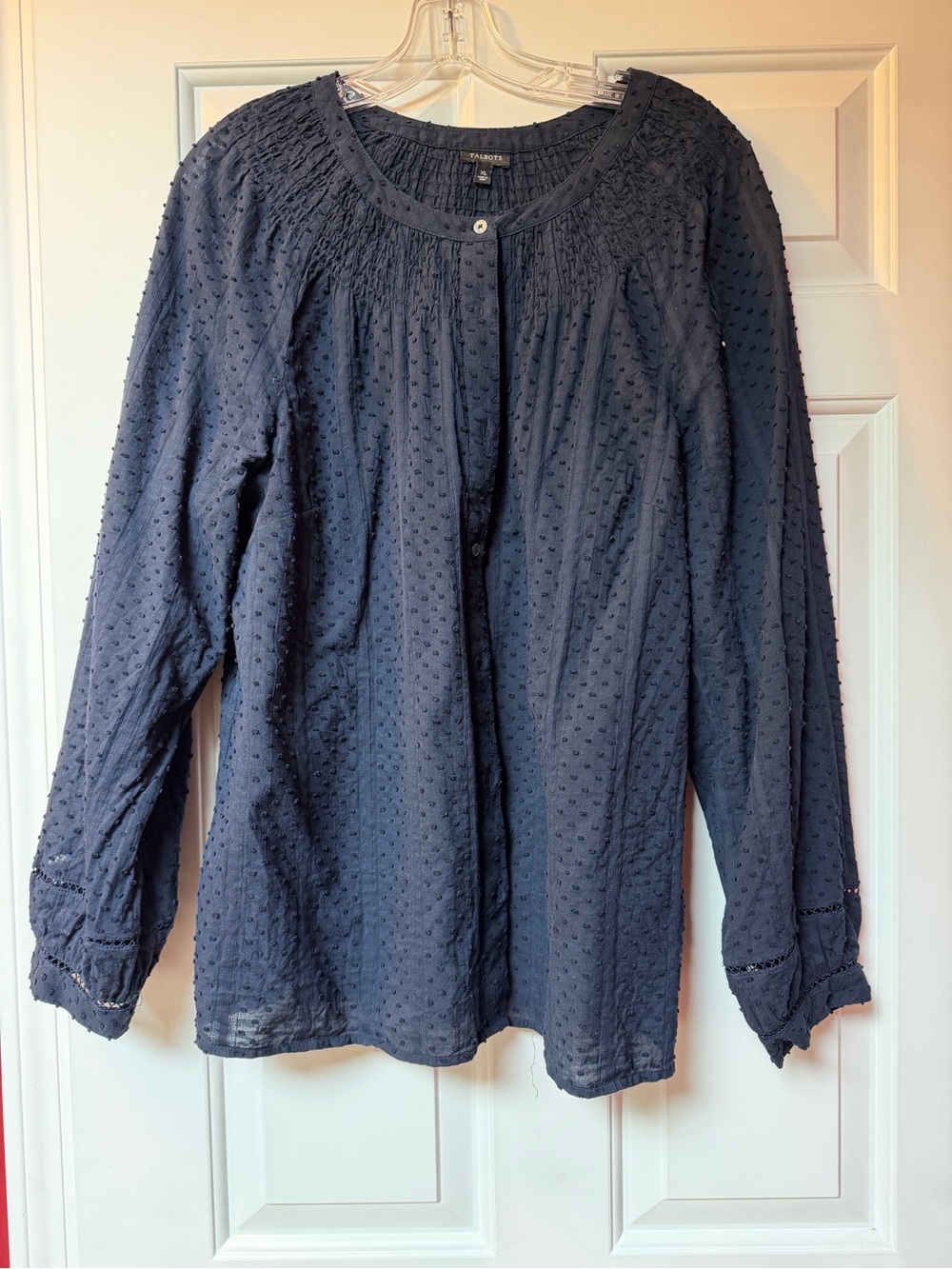 Papaya Navy Textured Swiss Dot Long-Sleeve Blouse